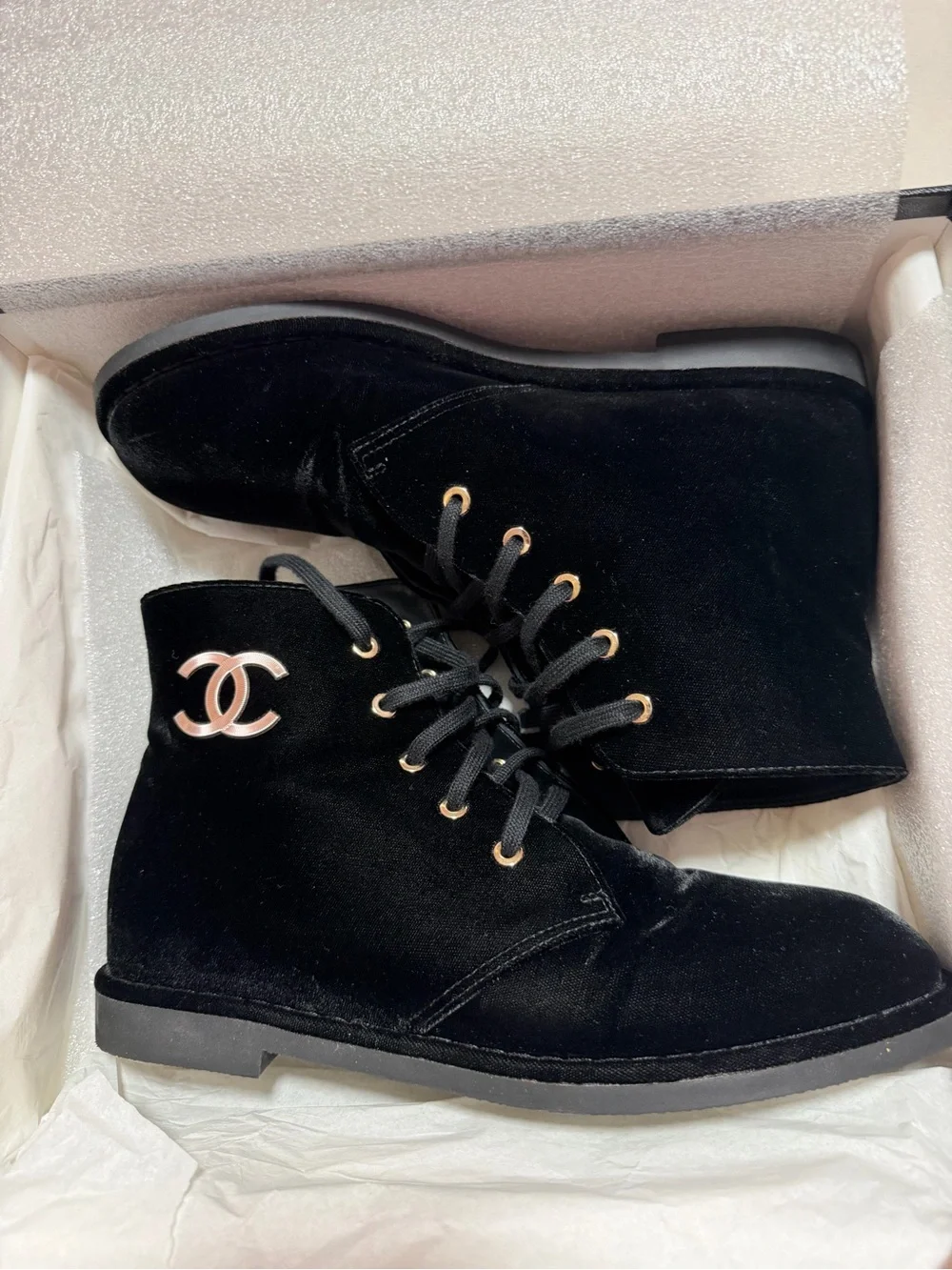 AUTHENTIC Chanel Black Velvet Lace-Up Ankle Short Boots